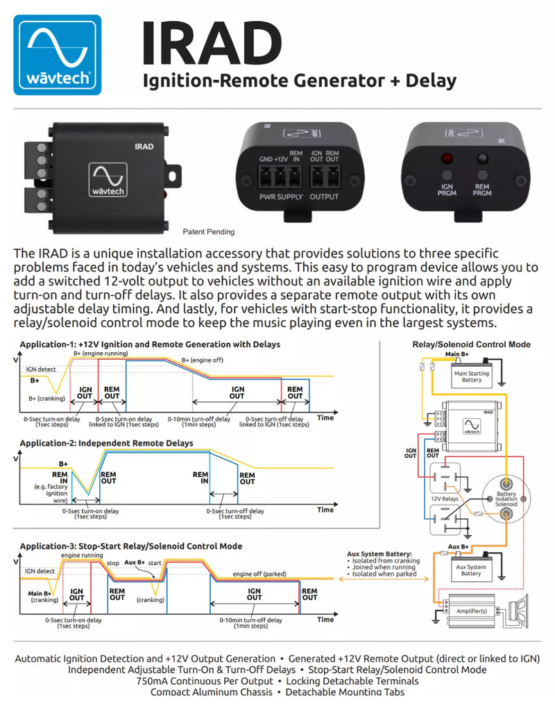 WAVTECH IRAD IGNITION REMOTE GENERATOR DELAY SOLENOID CONTROL STOP START RELAY